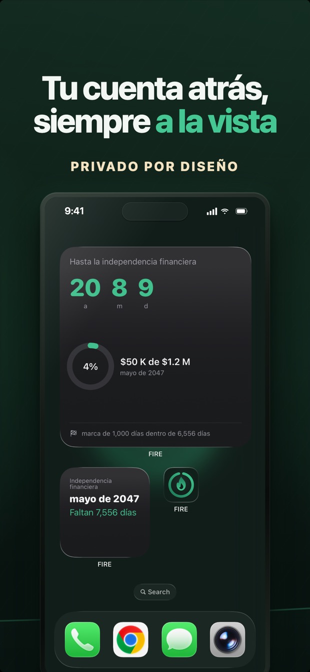 Un widget grande en la pantalla de inicio del iPhone que cuenta atrás hasta tu fecha FIRE