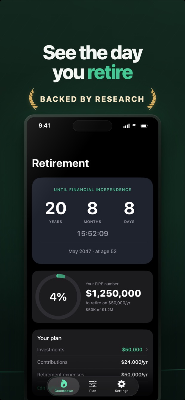 FIRE dashboard showing your FIRE number and a live countdown to the day you retire