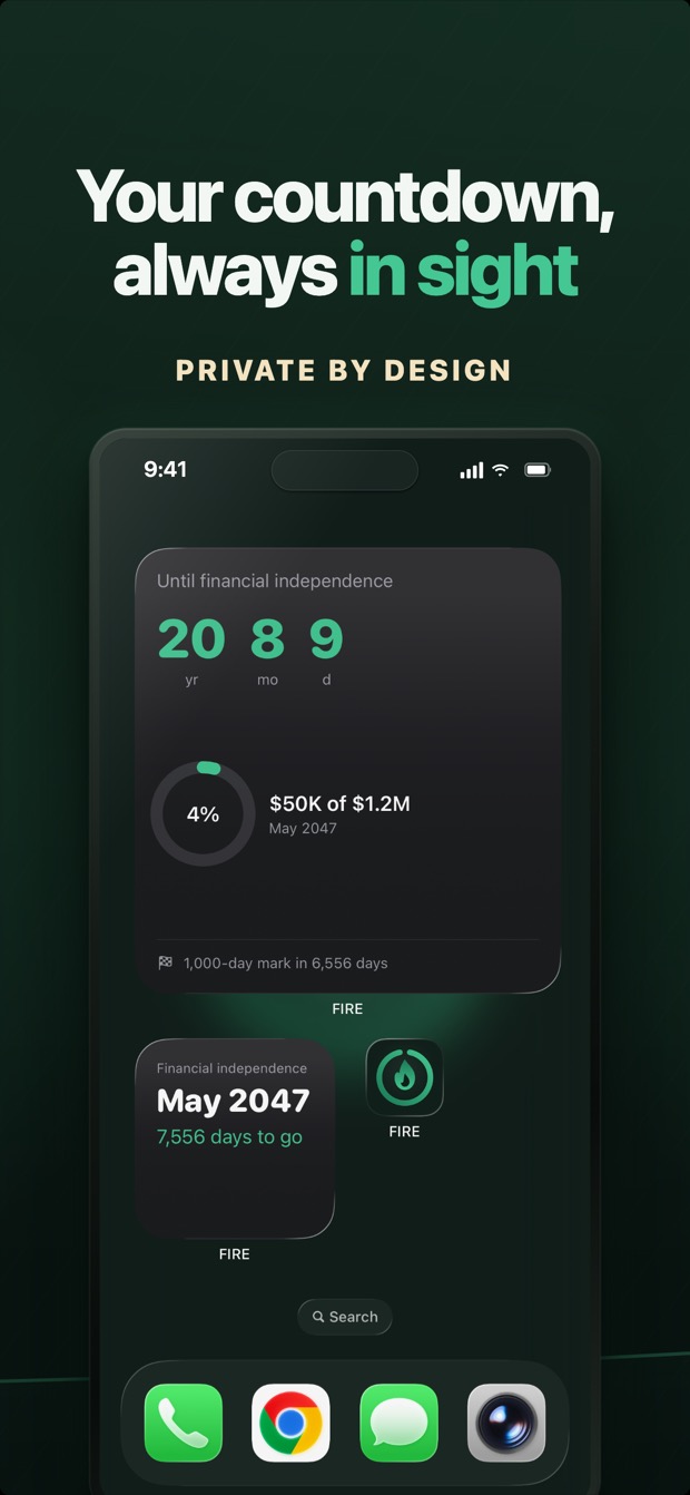 A large iPhone home-screen widget counting down to your FIRE date, always in sight