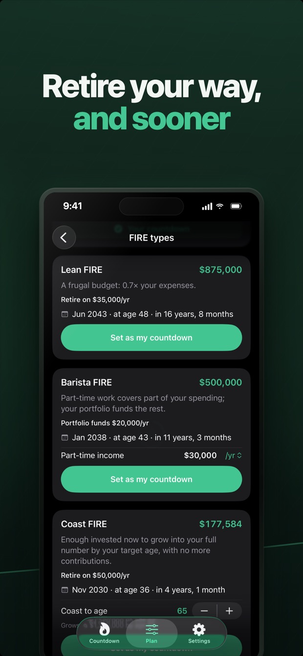 Coast, Barista, Lean, Chubby and Fat FIRE types computed from your own numbers