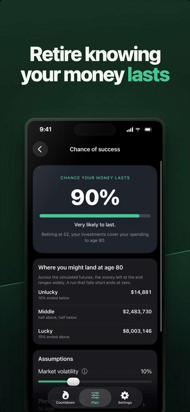 A Monte Carlo chance-of-success screen showing the odds your money lasts through retirement