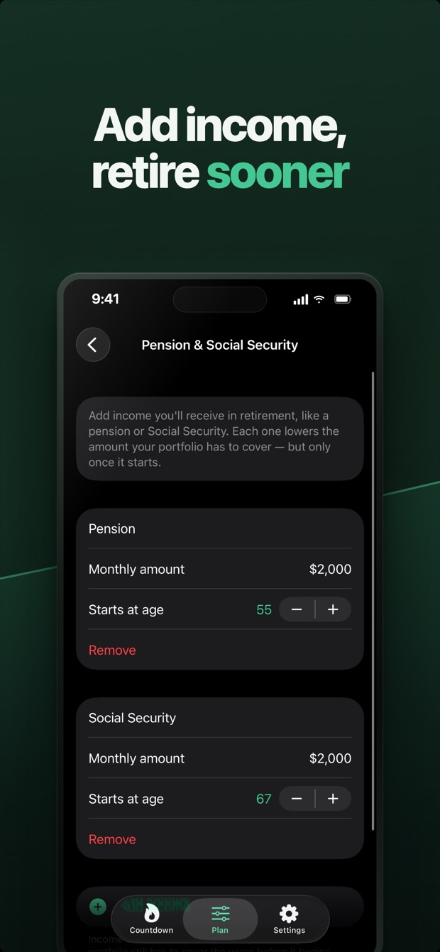 Adding pension and Social Security income, time-phased, to retire sooner