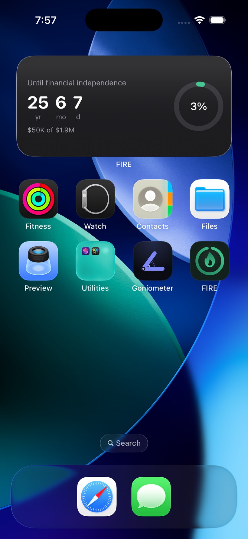 The FIRE retirement countdown widget on an iPhone home screen, above the app icons
